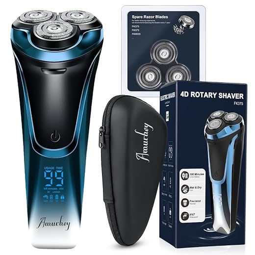 Amurhey Men's Electric Shaver with 3 Replacement Heads Wet Dry Shaver with Pop-Up Trimmer 99 Minutes Battery Life Beard Trimmer LED Display Travel Case