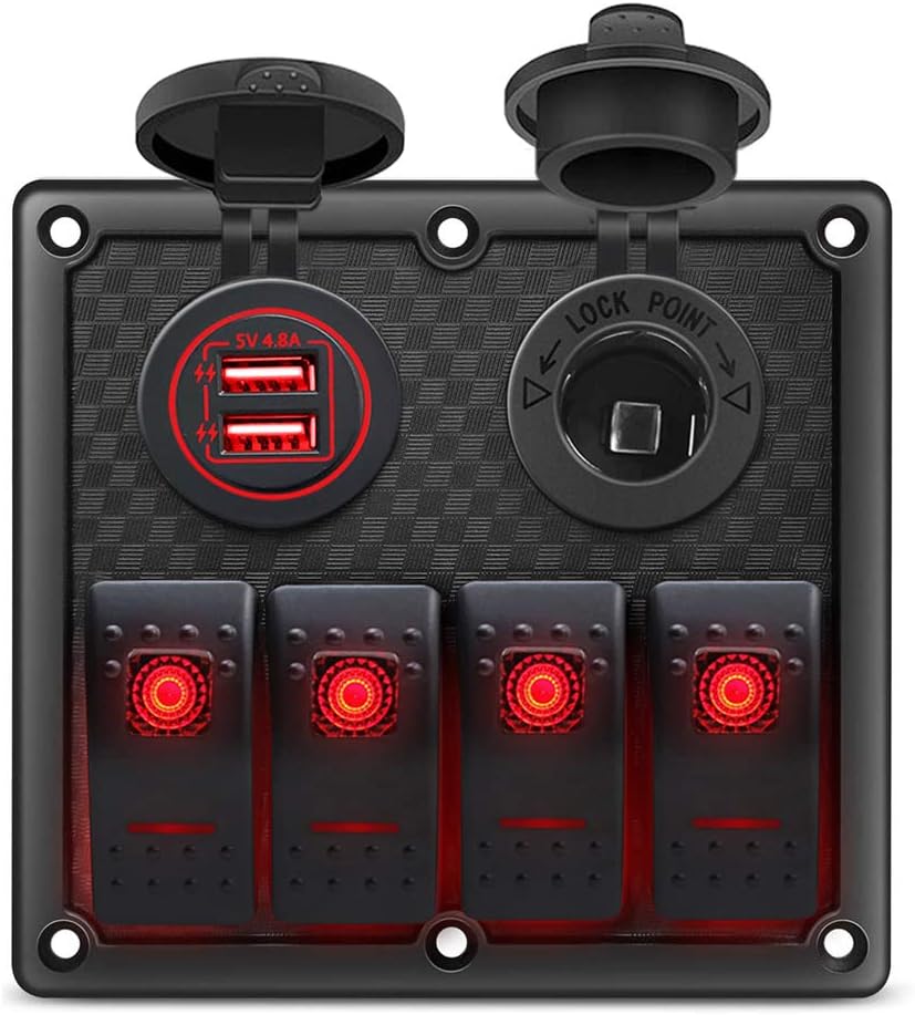 Frentaly 4-Gang Toggle Rocker Switch Panel With USB – Red LED, IP67 For Car/ Boat/ Marine/RV
