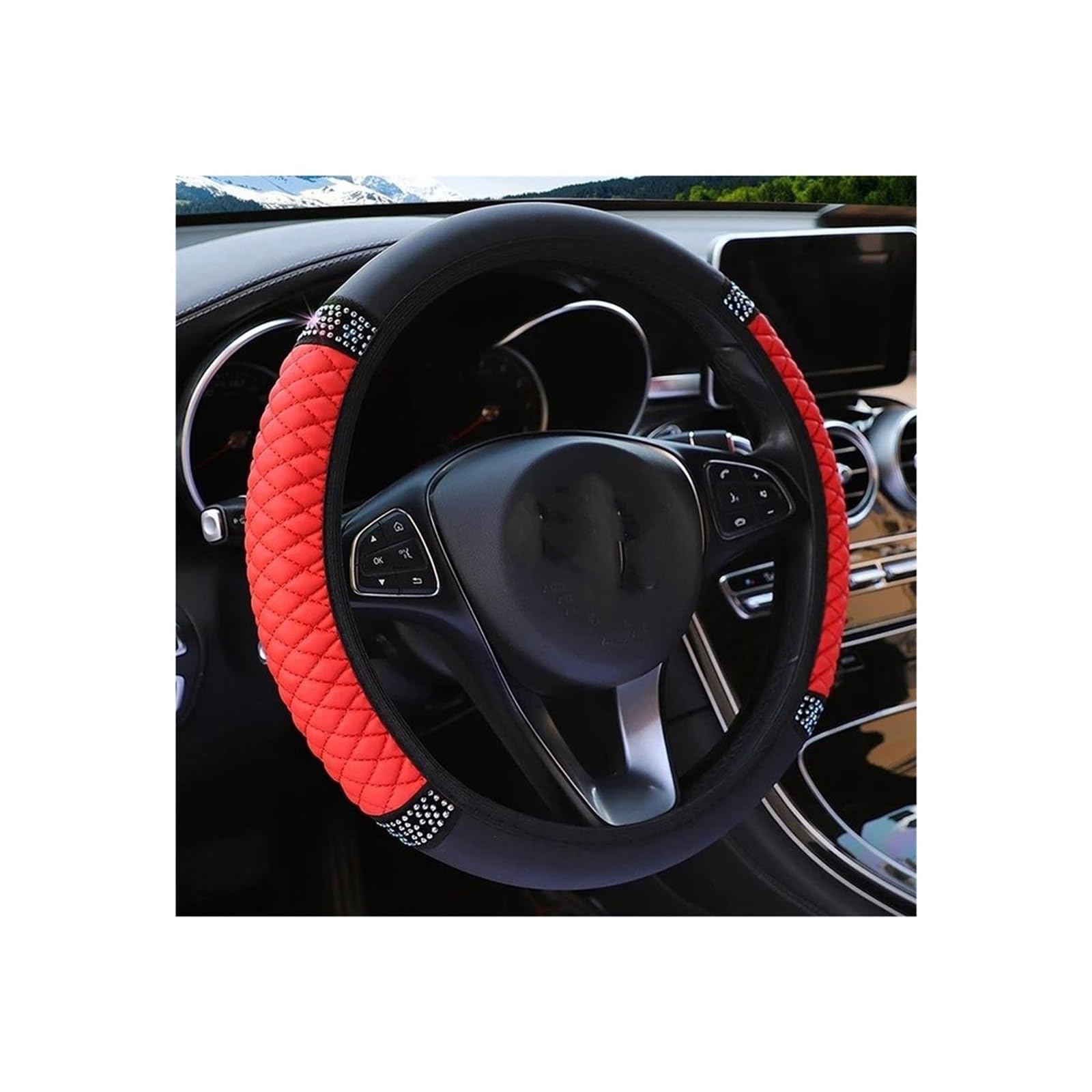 Funda Volante Coche Universal 37-38cm Cuero Bordado Color Diamante Tachonado Elástico Cubierta del Volante Universal Protector para Volante De Coche Fundas para Volante (Color : Rojo)