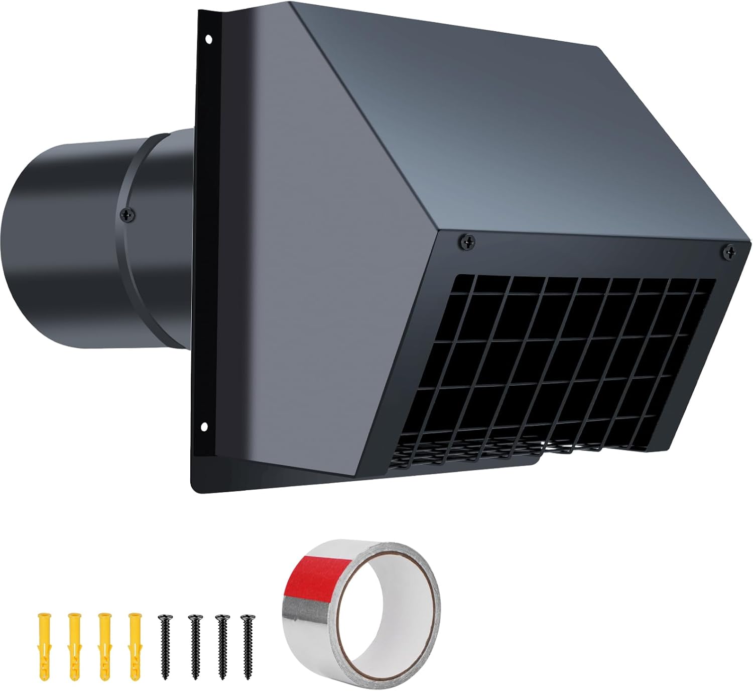 4 Inch Dryer Vent Cover, Metal Exhaust Vent Cover with Megnetic Air Damper & Noise Reduction Foam, HVAC Exterior Dryer Vent Cover with Expandable Sleeves (Black)