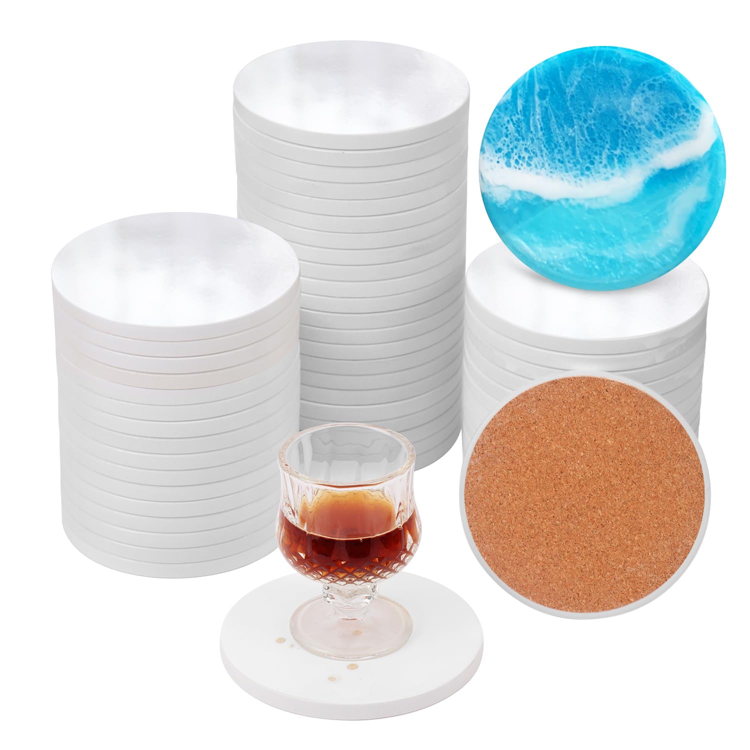 Geytetqi 55 PCS Sublimation Round Ceramic Coasters with Cork Backing Pads, 3.54 Inch Sublimation Blanks Round Coaster for Drinks - Heat Transfer &