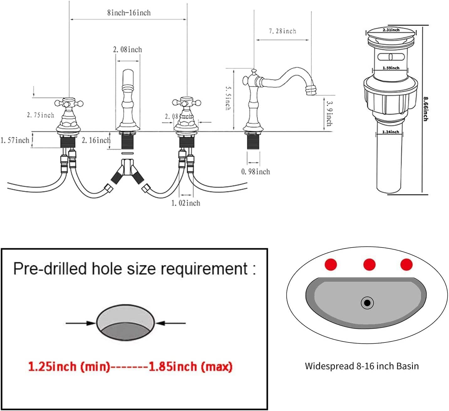 ggstudy 2 handles 3 holes faucet widespread bathroom sink faucet polished gold basin tap mixer supply hose included matching metal pop up drain ceramic cover gold