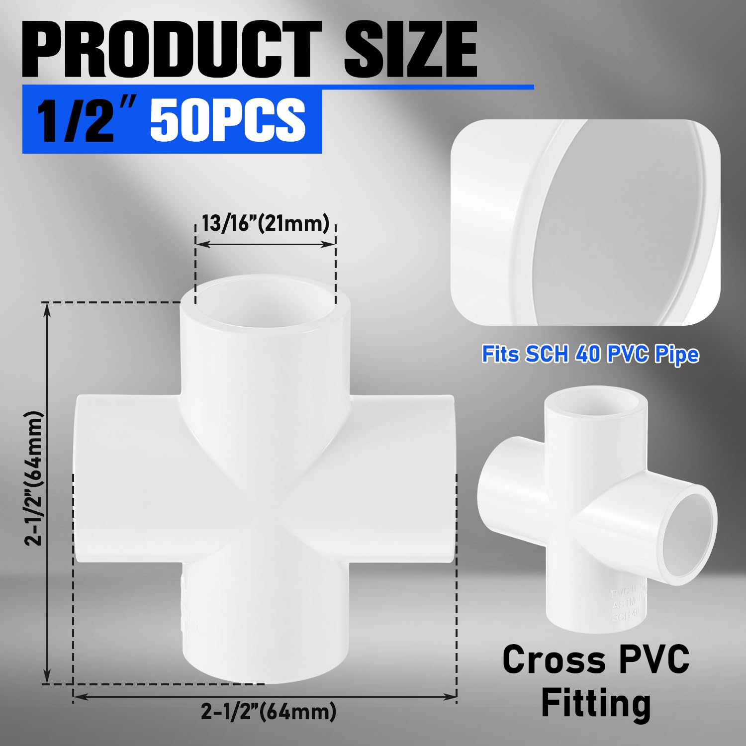 50 piezas de accesorios de PVC de 4 vías de 1/2 pulgada, conector de tubo de PVC de grado de muebles SCH40 para muebles de bricolaje, jardín, invernadero, estanterías