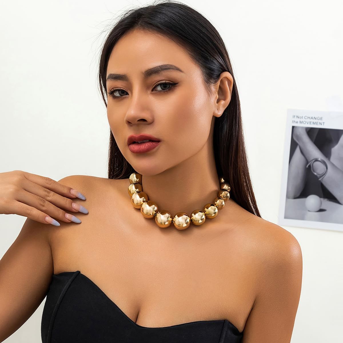 CJIAYUJEW Chunky Gold Necklace for Women - Big Silver Statement Beaded Necklace, Thick Bold Ball Choker