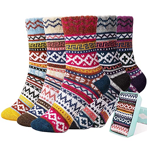 Image of ICEIVY Womens Socks 5 Pairs Wool Warm Cotton Thick Vintage Casual Winter Cabin Crew Fuzzy Socks Gifts For Women