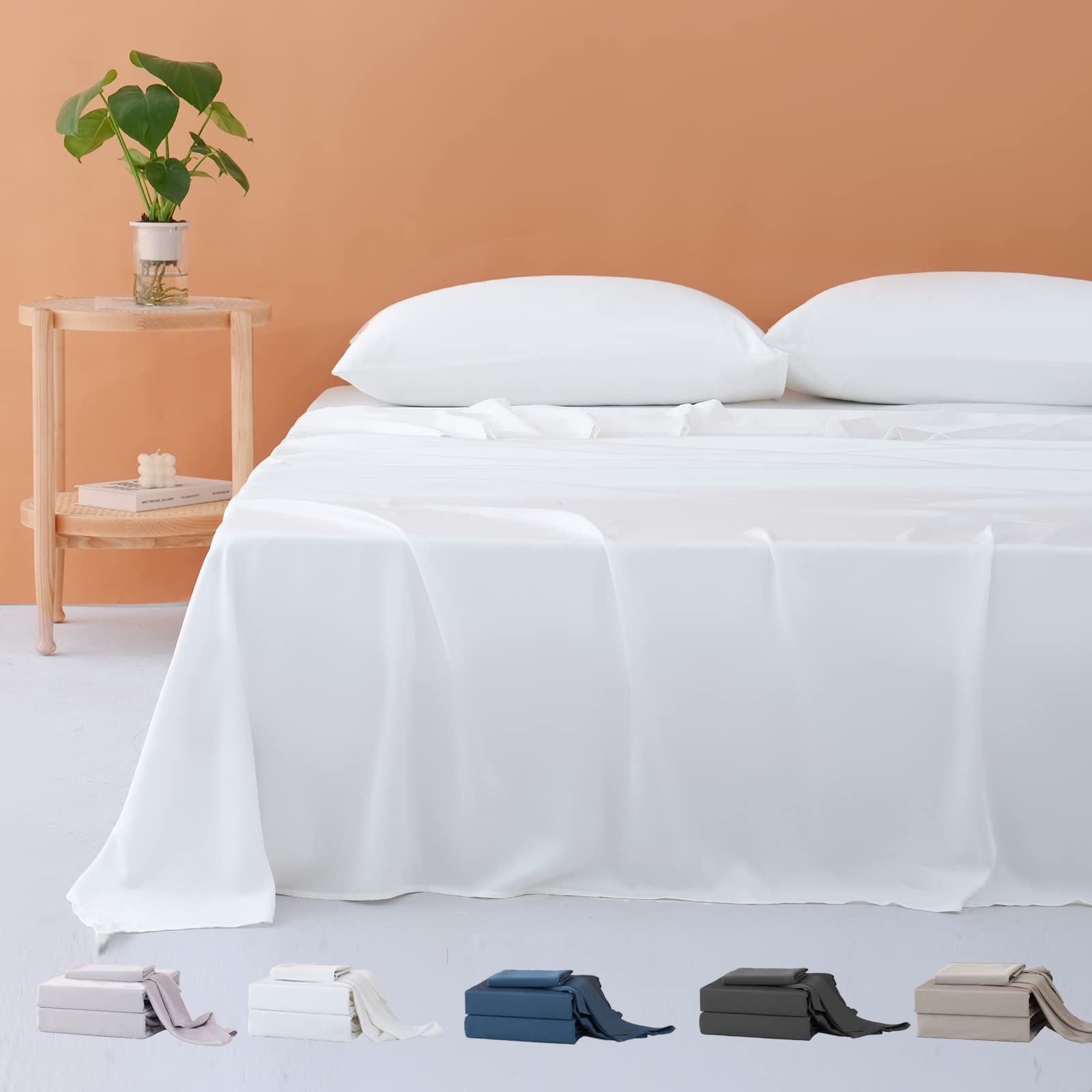 Bedbay Viscose for Bamboo King Size Sheet Set,Deep Pocket King Sheets,Silky Smooth Luxury Bed Sheets,Summer Cooling Sheets for Hot Sleeper,1 Flat Sheet,1 Fitted Sheet,2 Pillowcases-White,King