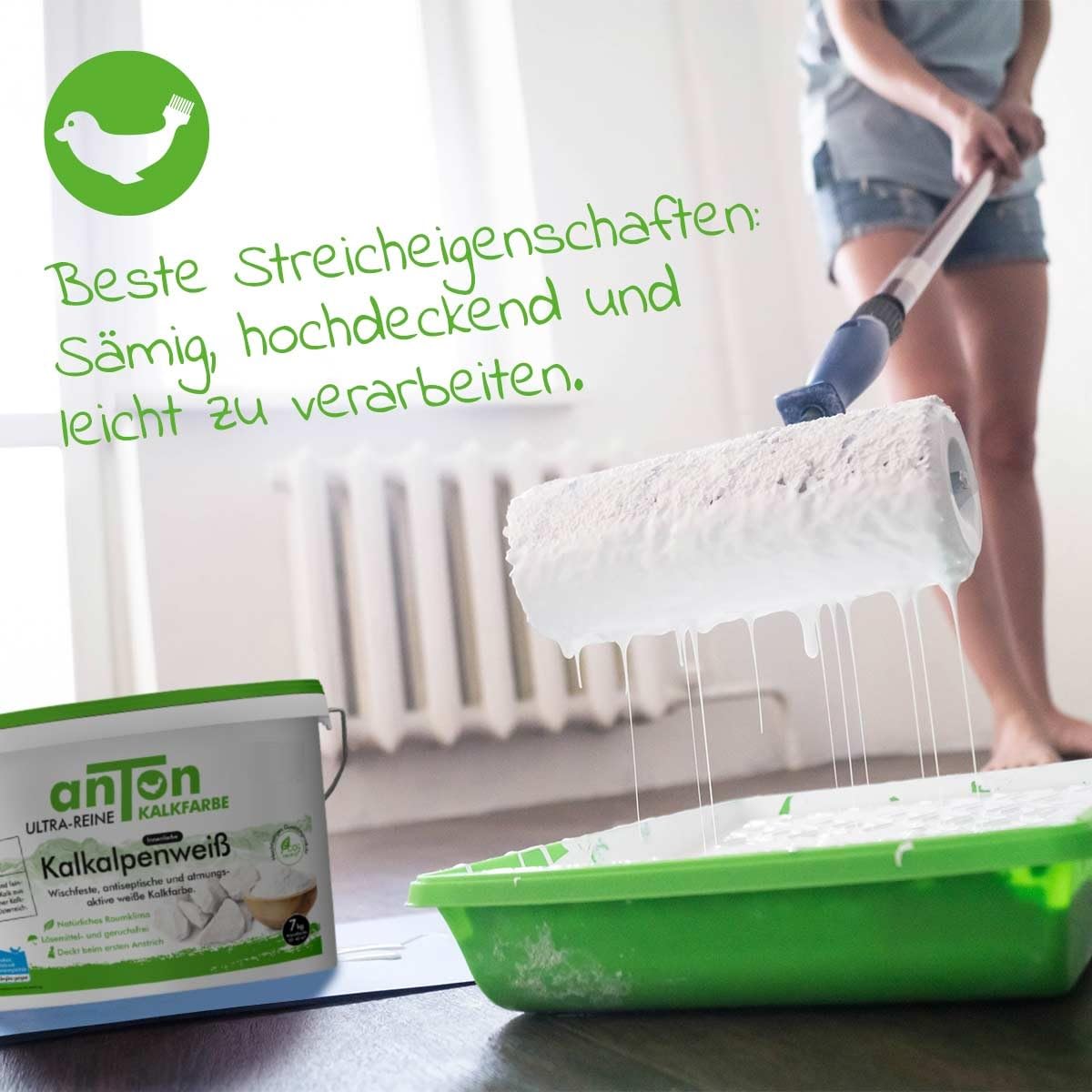 Anton | Wischfeste Kalkfarbe Kreideweiß | Innen | 90m² |17Kg | antimikrobiell | Vorbeugend sofort gegen Schimmel | deckt beim ersten Anstrich | Antiseptisch & Atmungsaktiv | 25% MEHR INHALT
