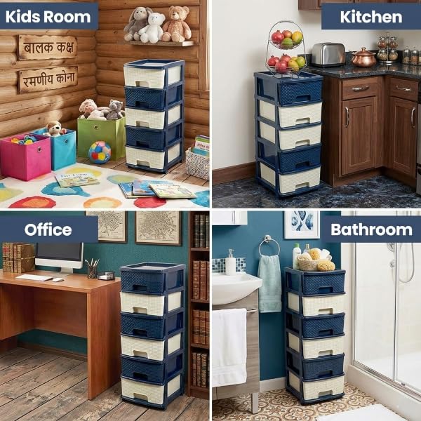 Image of Plastic Modular Drawer Storage Chest Of Drawers Organizer Storage Box, Large Stomo Racks For Multipurpose Anti-slip Shoes Organizers (White & Blue, 7 Layer)