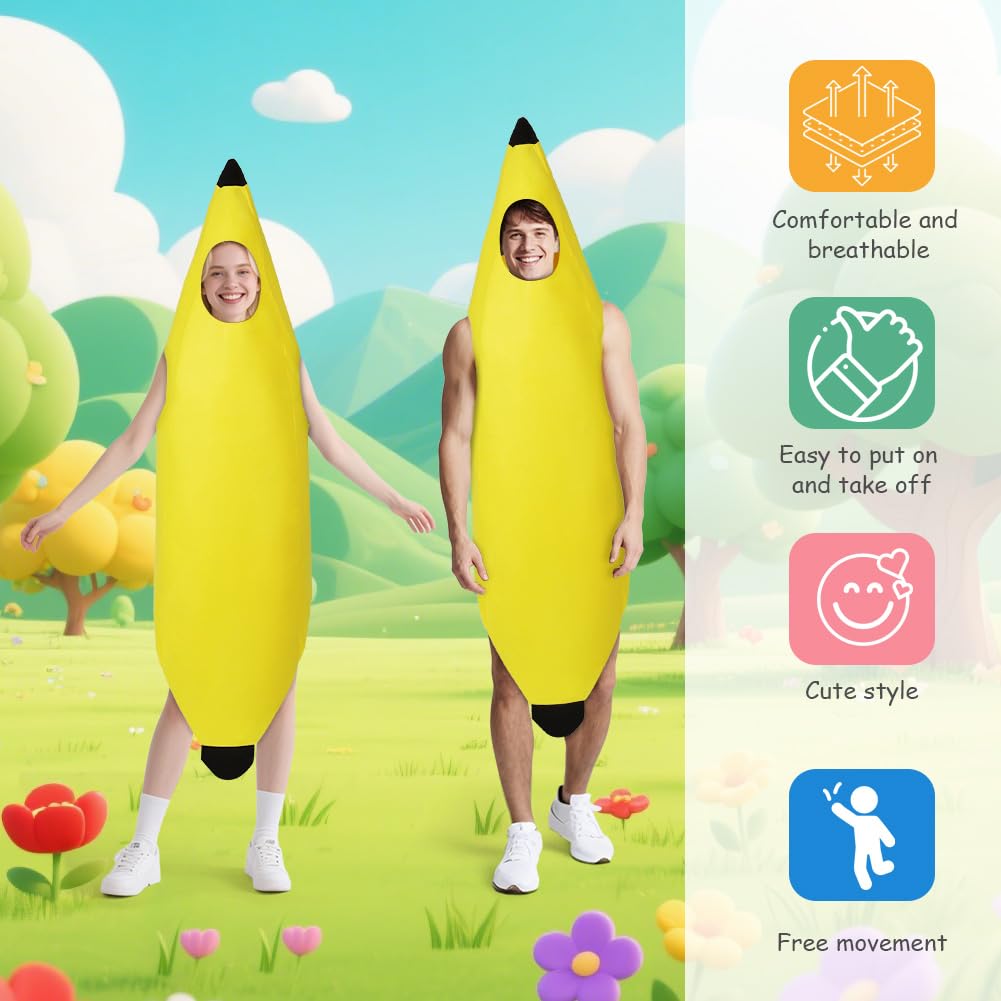 Kostium bananowy, zabawny kostium banana i 1 sztuka dmuchany banan, kostiumy owocowe dla dorosłych na Halloween, na imprezy tematyczne, Boże Narodzenie, cosplay, unisex
