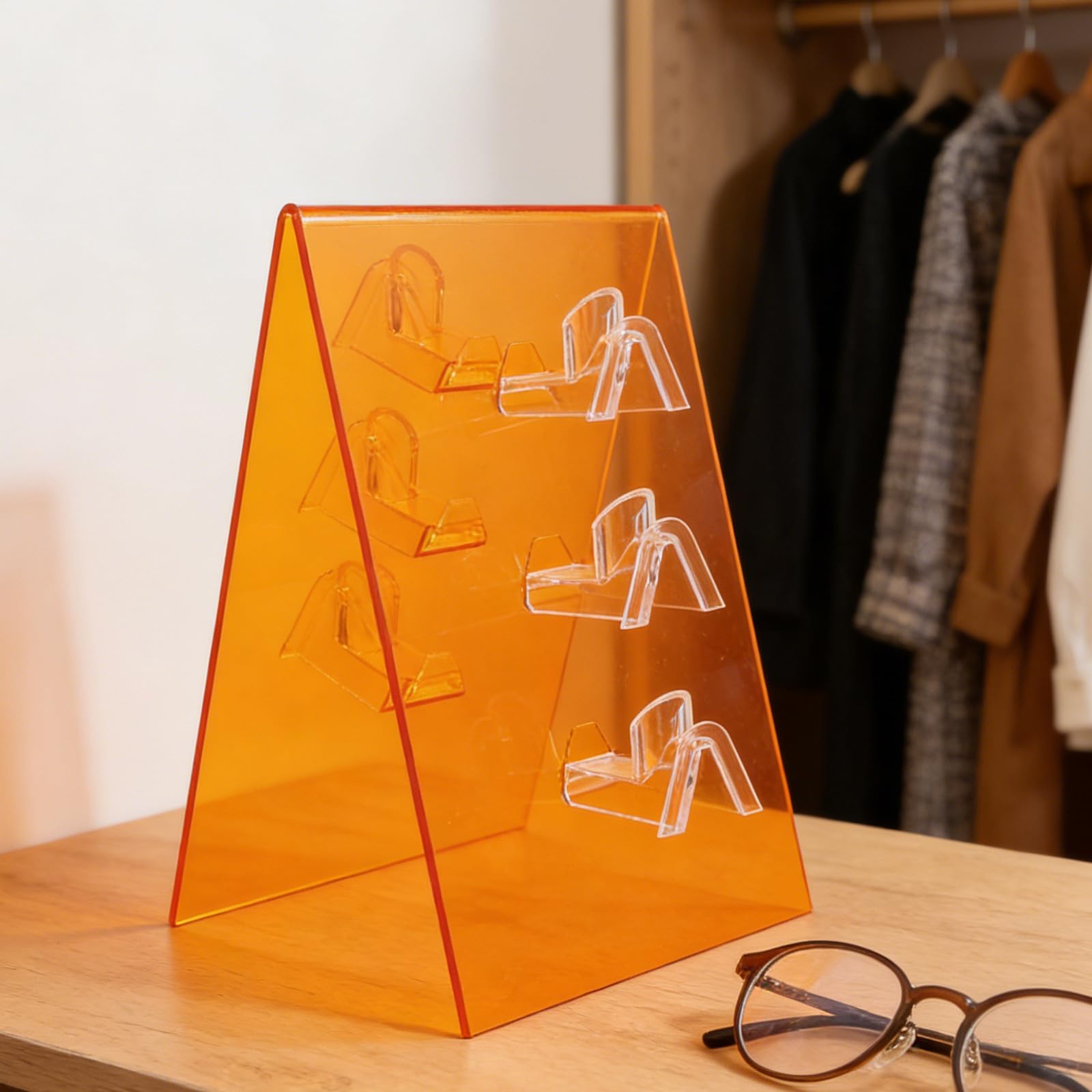 Supporto per occhiali in acrilico: espositore per montature da occhiali a doppio lato per da sole, per organizzare gli , porta da vista, fino a 6 paia di , arancione.