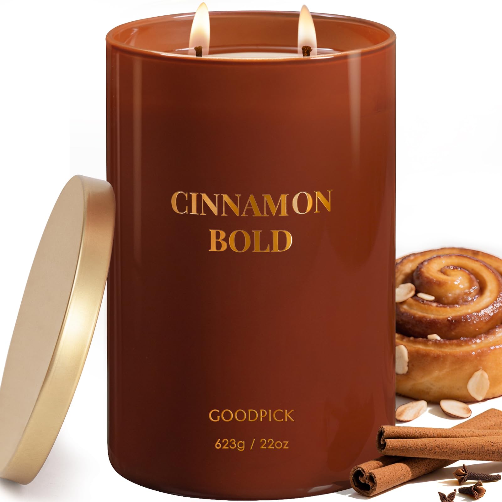 Goodpick Cinnamon Bold Scented Soy Candle, 22oz Long Lasting 120H, Warm Spicy Vanilla Clove Gourmand, Home Aromatherapy Candles