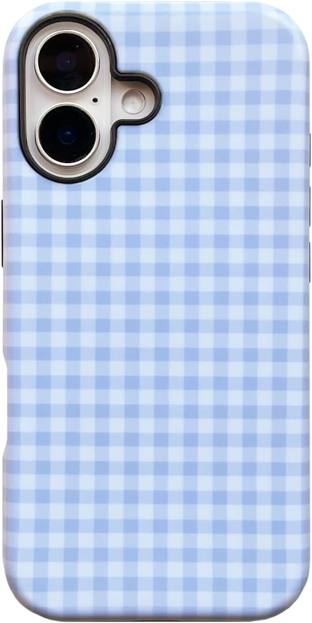 Gingham Plaid Magnetic Phone Case for iPhone 16, Blue White