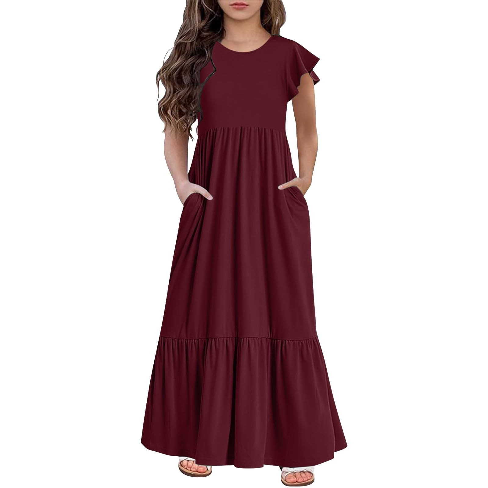 Vestito estivo casual da bambina, con maniche a volant, linea ad A, maxi abito per bambini, morbido e confortevole, con tasche, da spiaggia
