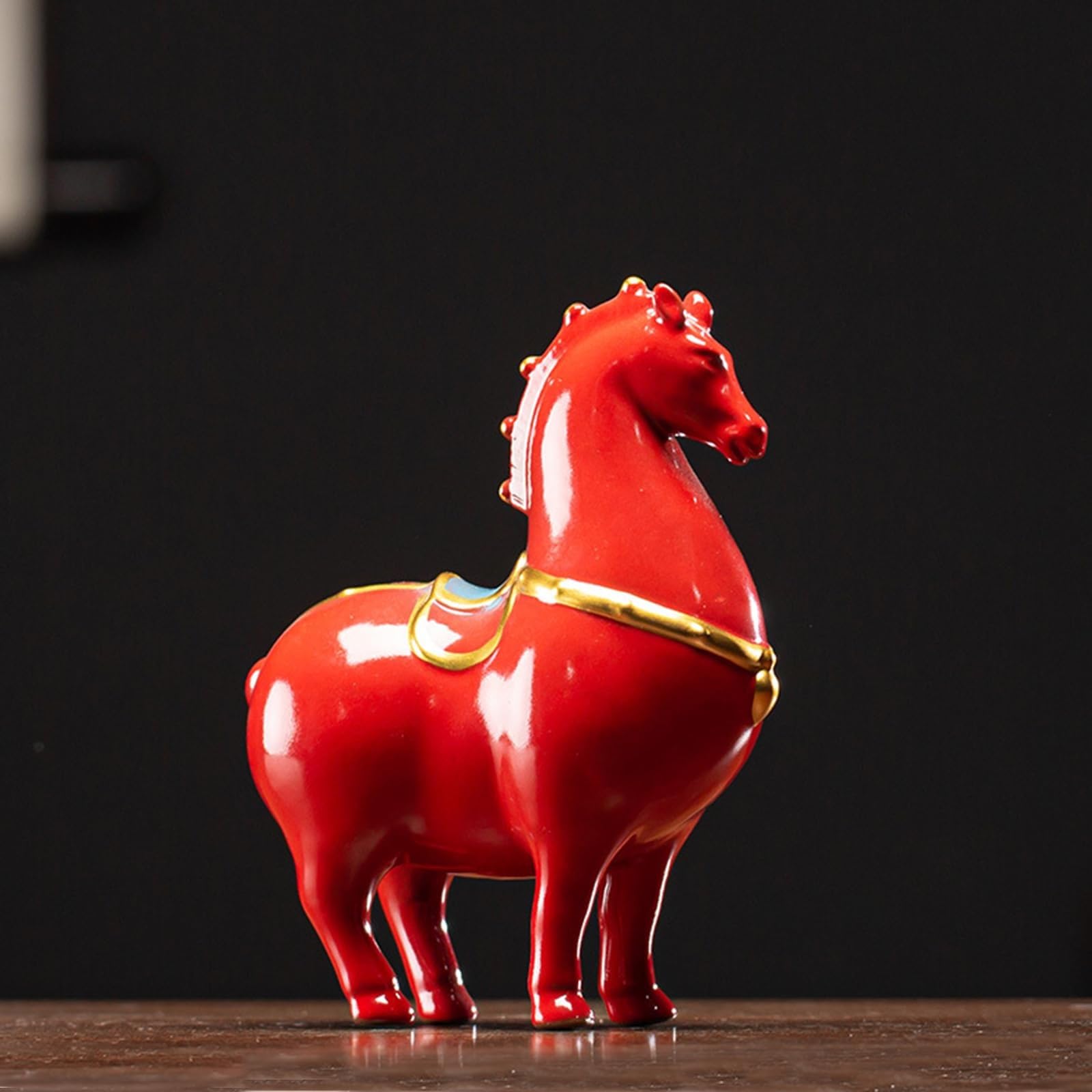 YUZDNM Red Ceramic Horse Statue, 5.5" H Chinese Fortune Tang Horse Sculpture for Wealth and Success, Zodiac Horse Figurine