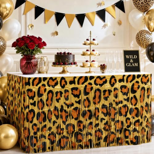 Image of Bupelo Cheetah Print Birthday Table Decorations, 2 Pcs Leopard Table Skirts | Tinsel Metallic, Leopard Birthday Decorations, Cheetah Print Party Decorations for Bachelorette Jungle Animal Party Supplies