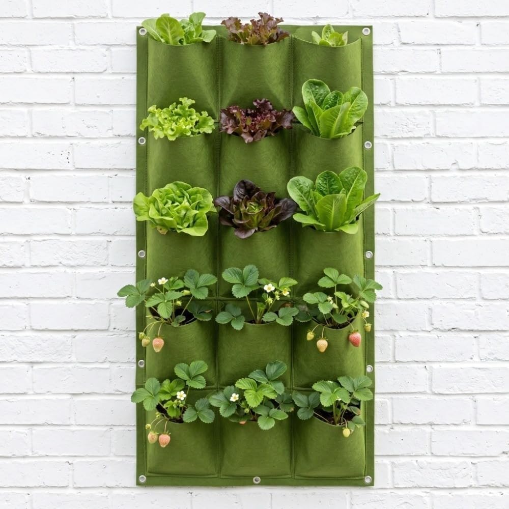 Breathable Felt Wall Garden Planter Grow Bag with Metal Grommets for Indoor/Outdoor Flowers, Vegetables and Balcony Garden Space Saving(15 Pockets)