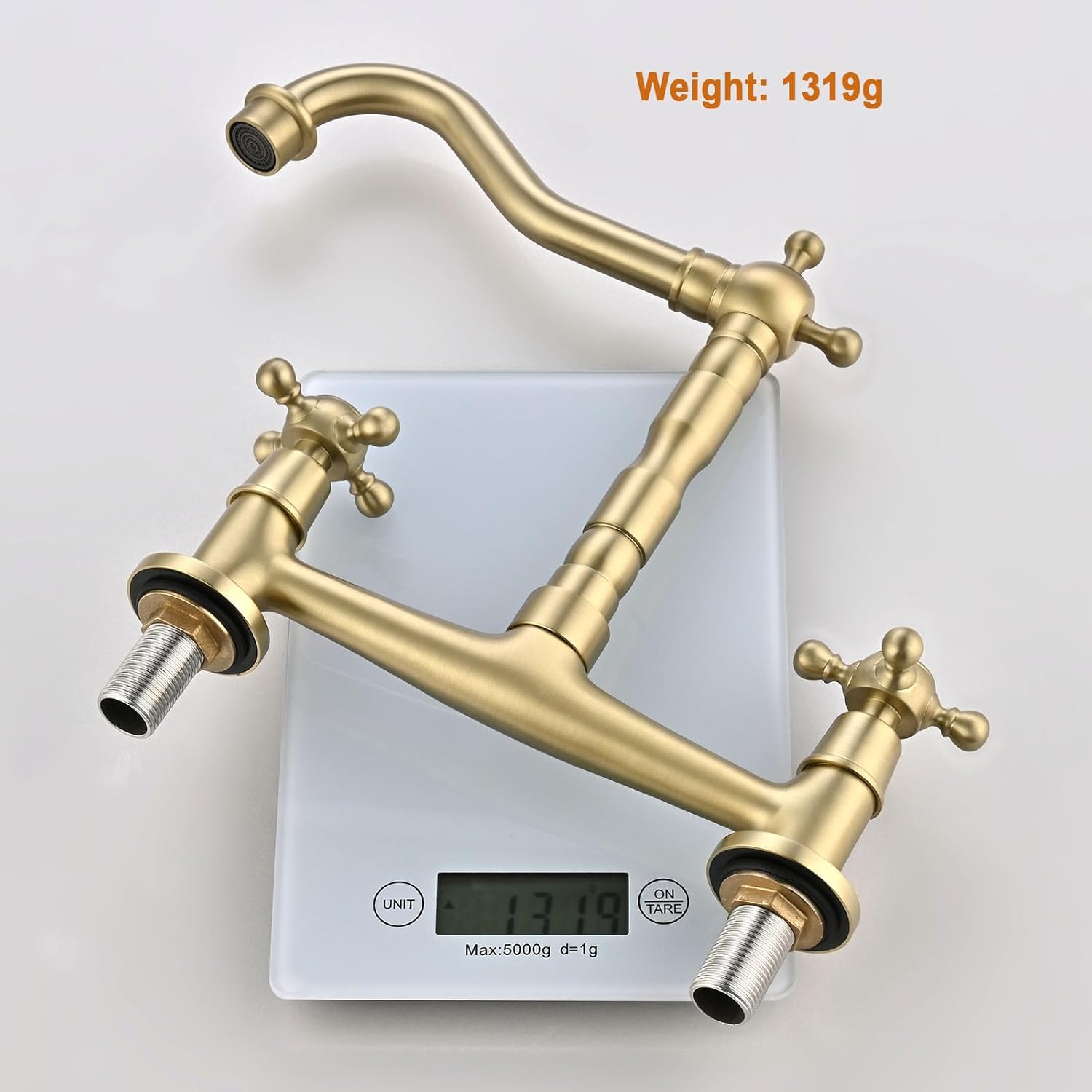 Bridge Kitchen Faucet Brushed Gold, 8 Inch Centerset Two Handles 2 Holes Faucet for Kitchen Sinks, Farmhouse, RV, Laundry, 360° Swivel Brass Mixer Tap
