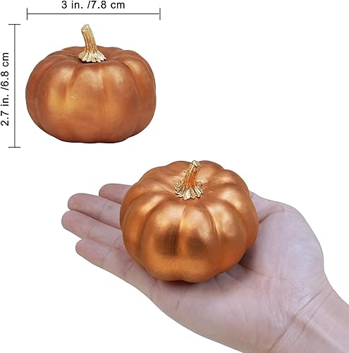 Miniatura 2 de Winlyn 12 calabazas artificiales pequeñas de bronce metálico, calabazas decorativas rústicas de otoño, calabazas de espuma sintética para regalo,