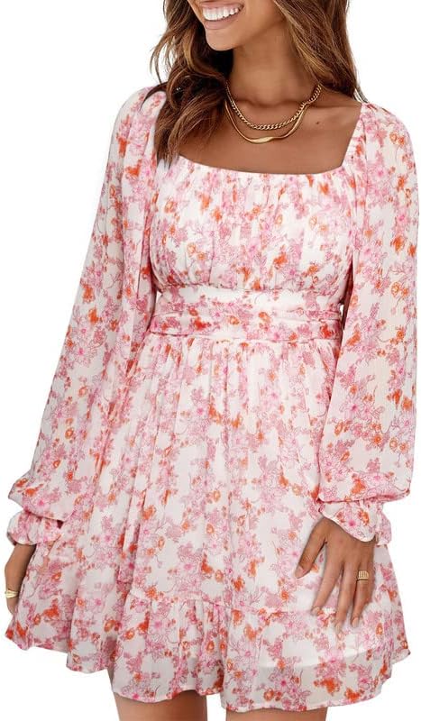 Dokotoo Women Square Neck Boho Dress Elastic Waist Tie Backless Sexy Dresses