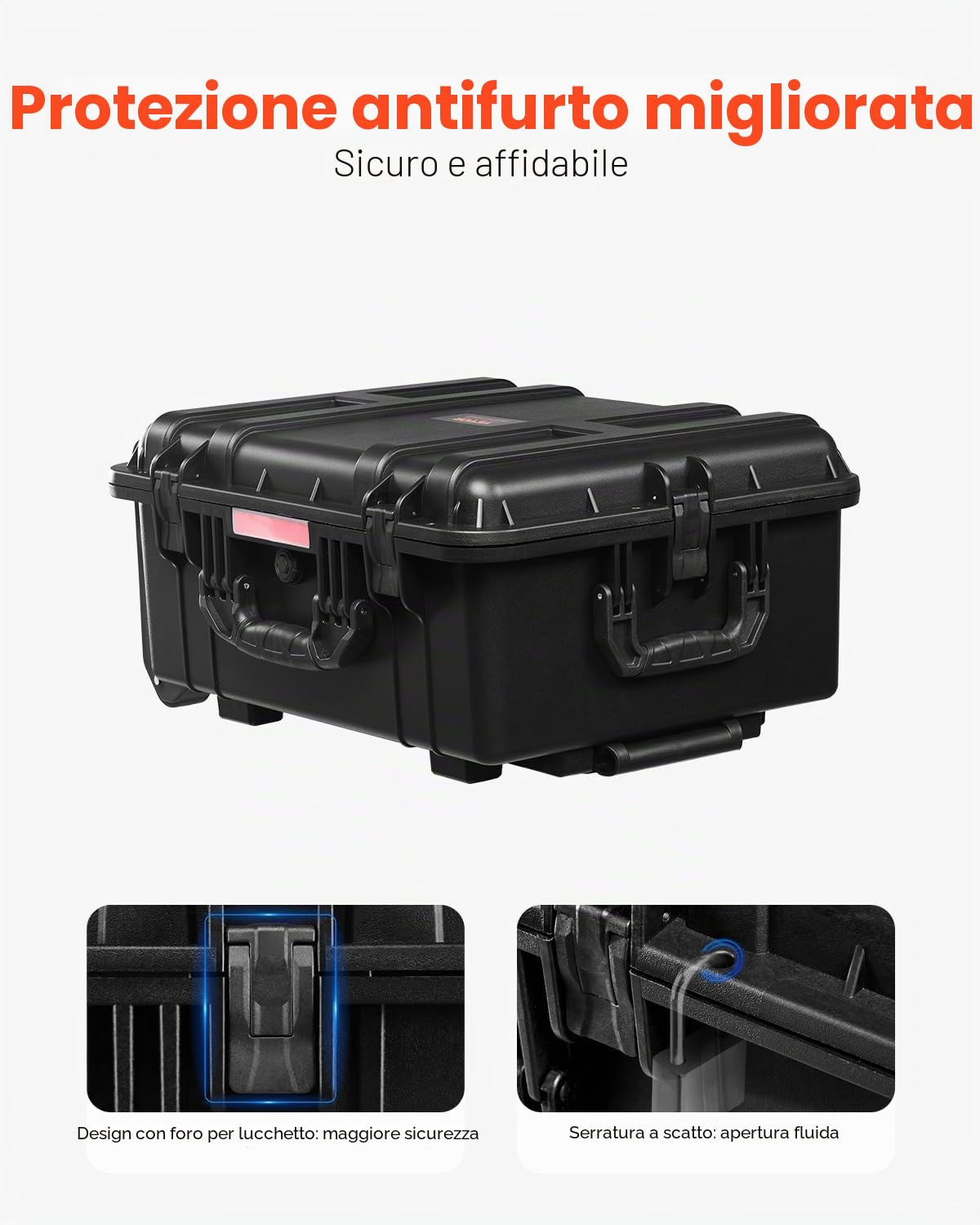 VEVOR Valigie Rigida Impermeabile 70,8 L, Custodia Protettiva Resistente alle Intemperie IP67 con 4 Clip, 4 Fori con Ruote Girevoli e Maniglia di Trazione Retrattile, per Lucchetto e Schiuma, Nero