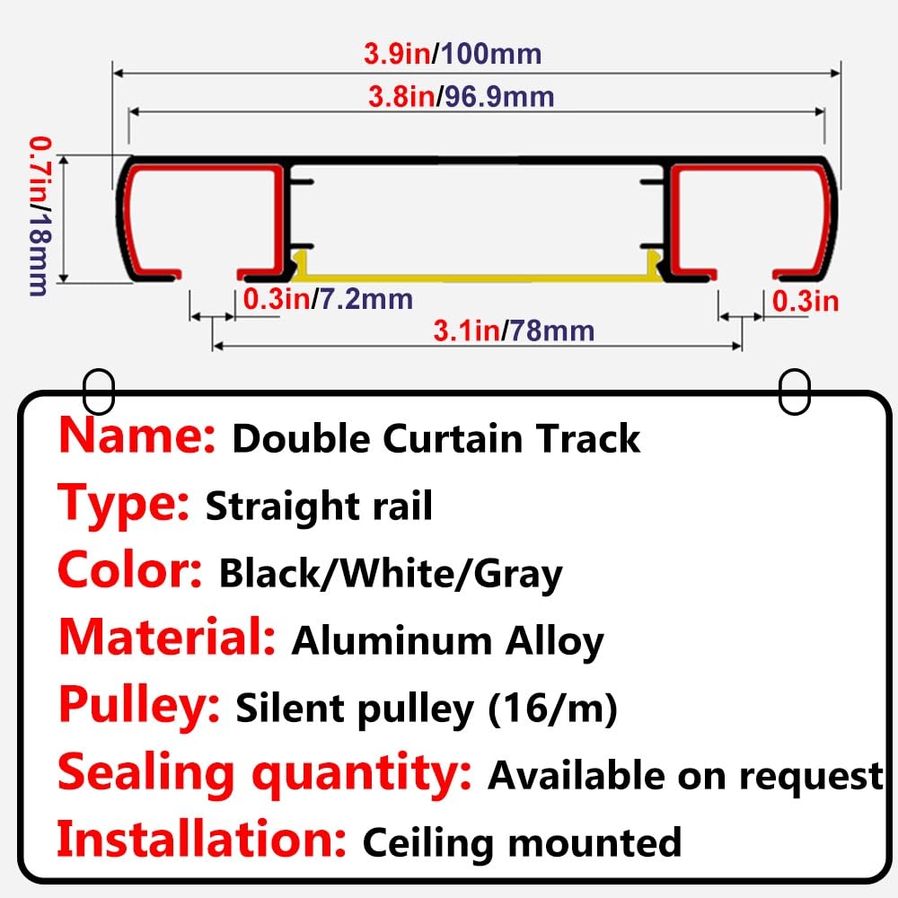 Heavy Du Tringle de plafond à double rangée de 2,3 m pour séparateur de pièce, parfaite pour salon, chambre à coucher, hôpital, design en métal