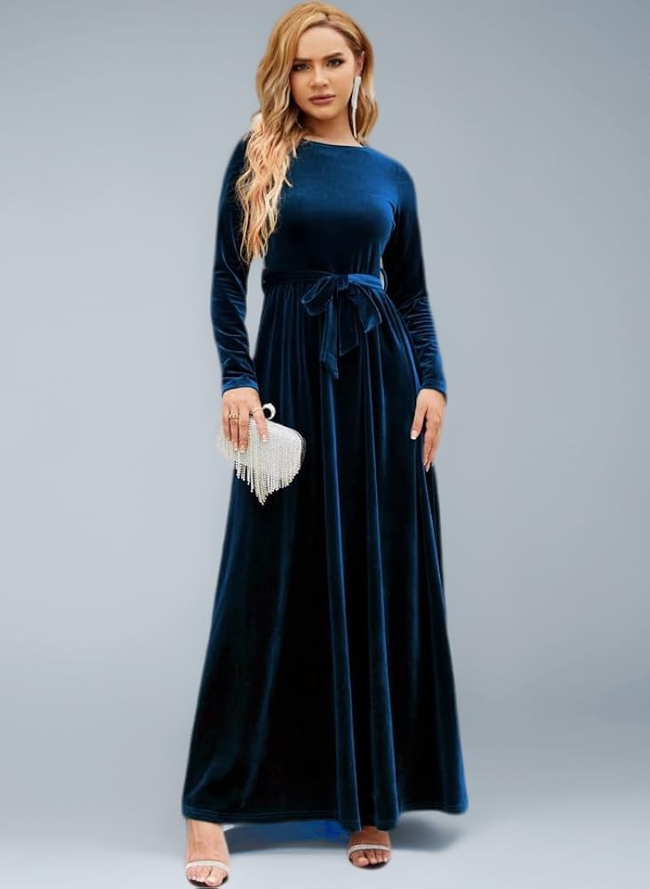 Women Velvet Christmas Dress A-Line Long Sleeve Round Neck Fall Winter Dress  Elegant Wedding Party Cocktail Evening Dress with Belt Dark Blue S :  Amazon.co.uk: Fashion