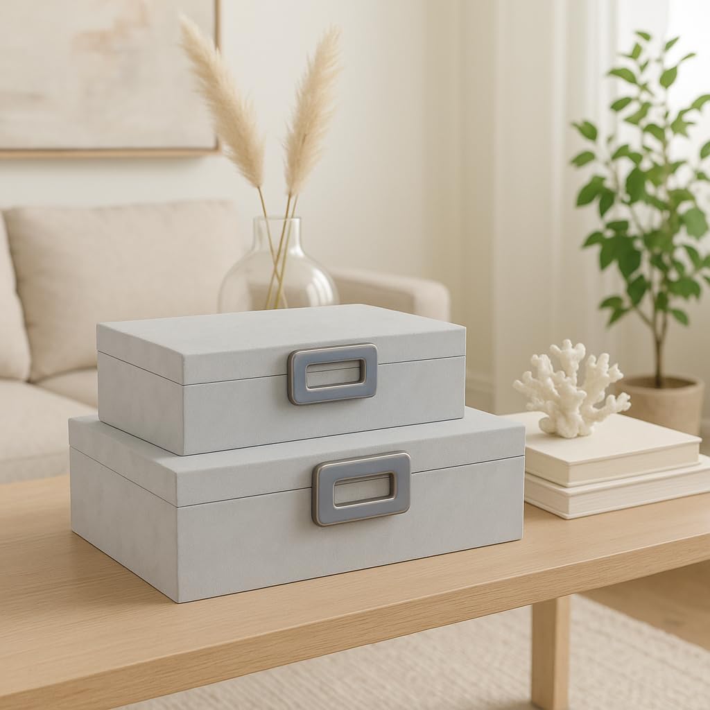 Decorative Box with Lid for Home Decor – Storage Boxes and Home Organizer for Keepsakes and Accessories – Jewelry Boxes Ideal for Living Room, Shelf, or Office Decor; Set of 2 – 5", 4" White & Blue