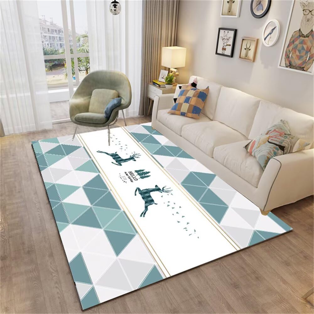Grand tapis chambre fille 120x180cm bleu géométrique gris moderne