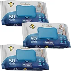 Toalha Umedecida Geriátrica Adulto Lenço 3 Packs com 50 Unidades Cada