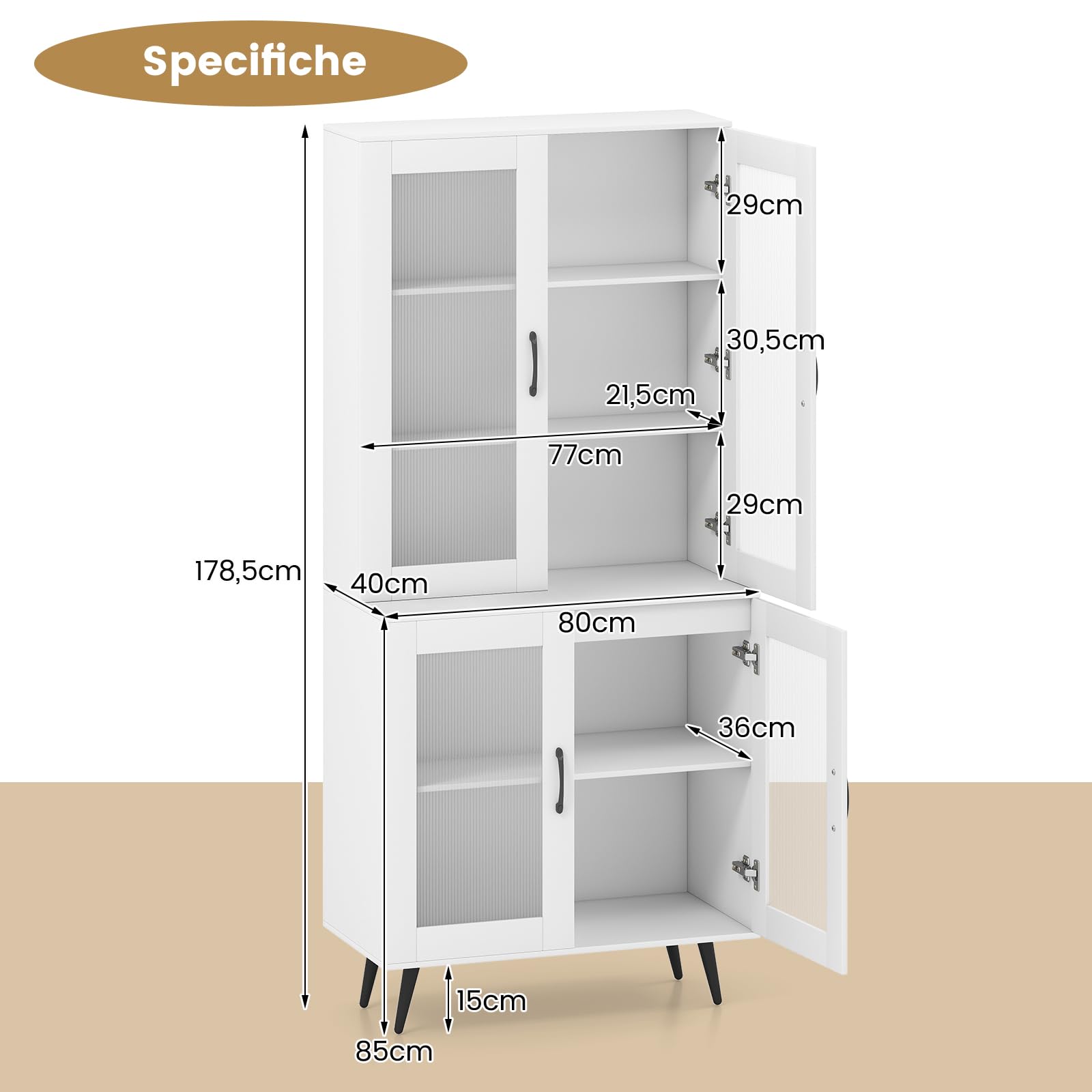 RELAX4LIFE Dispensa Cucina, Credenza Autonoma con Ante Traslucide & Ripiano Regolabile, Armadio Alto Moderno per Soggiorno, Sala da Pranzo, Ufficio a Casa, 80 x 40 x 178,5 CM, Nero/Bianco (BIANCO)