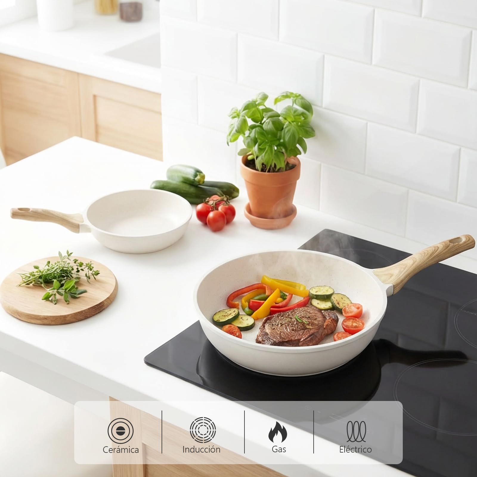 GiPP Sartén Antiadherente de Cerámica con Tapa，Sartenes para freír Saludable y No Tóxica,Compatible con Inducción,Libre de PFAS y PFOA,Apta para Lavavajillas（Blanco,24cm+Tapa）