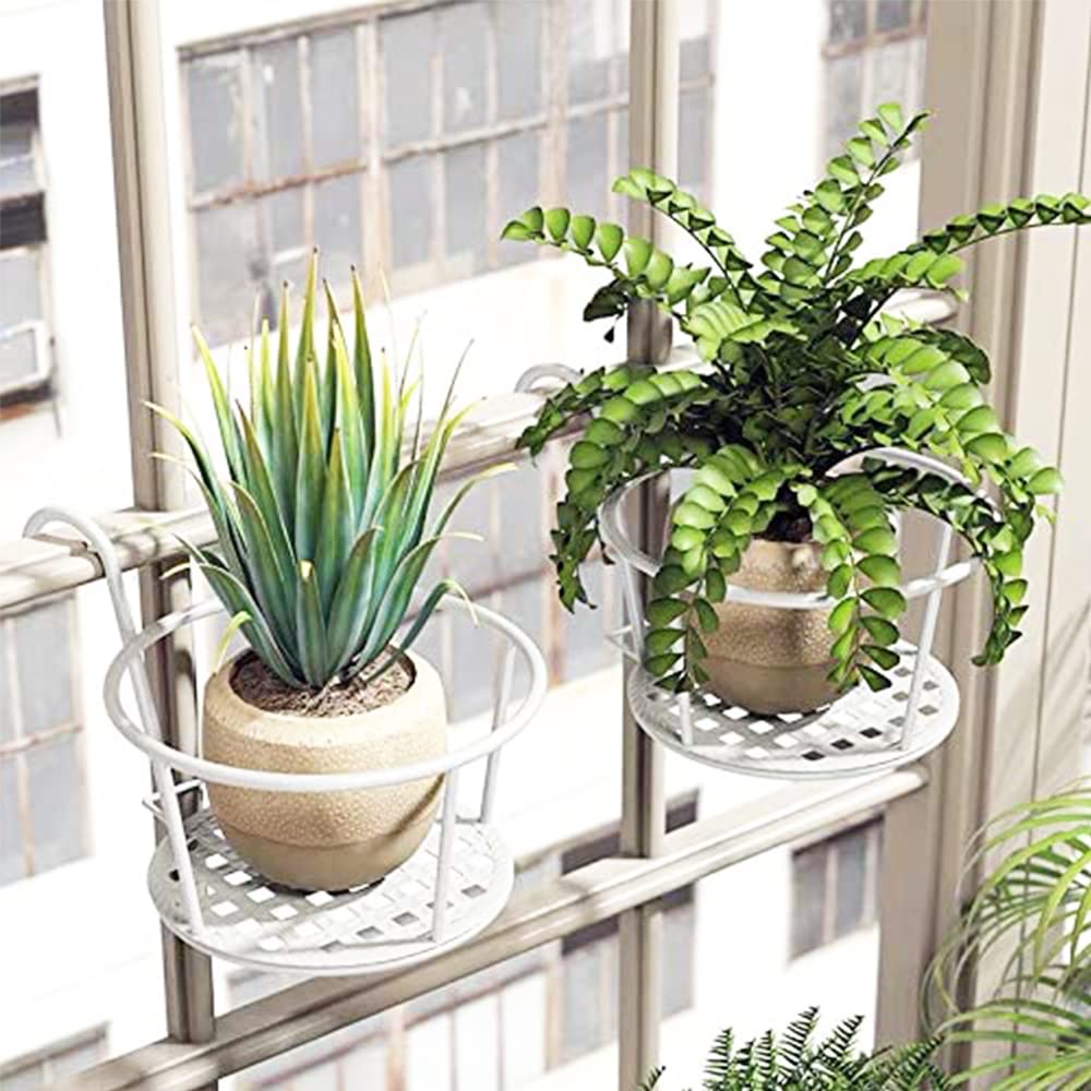 URbazaar 2pcs Hanging Railing Planter Iron Art Hanging Baskets Flower Pot Holder Great for Patio Balcony Pot or Fence Planters Assemble (White)