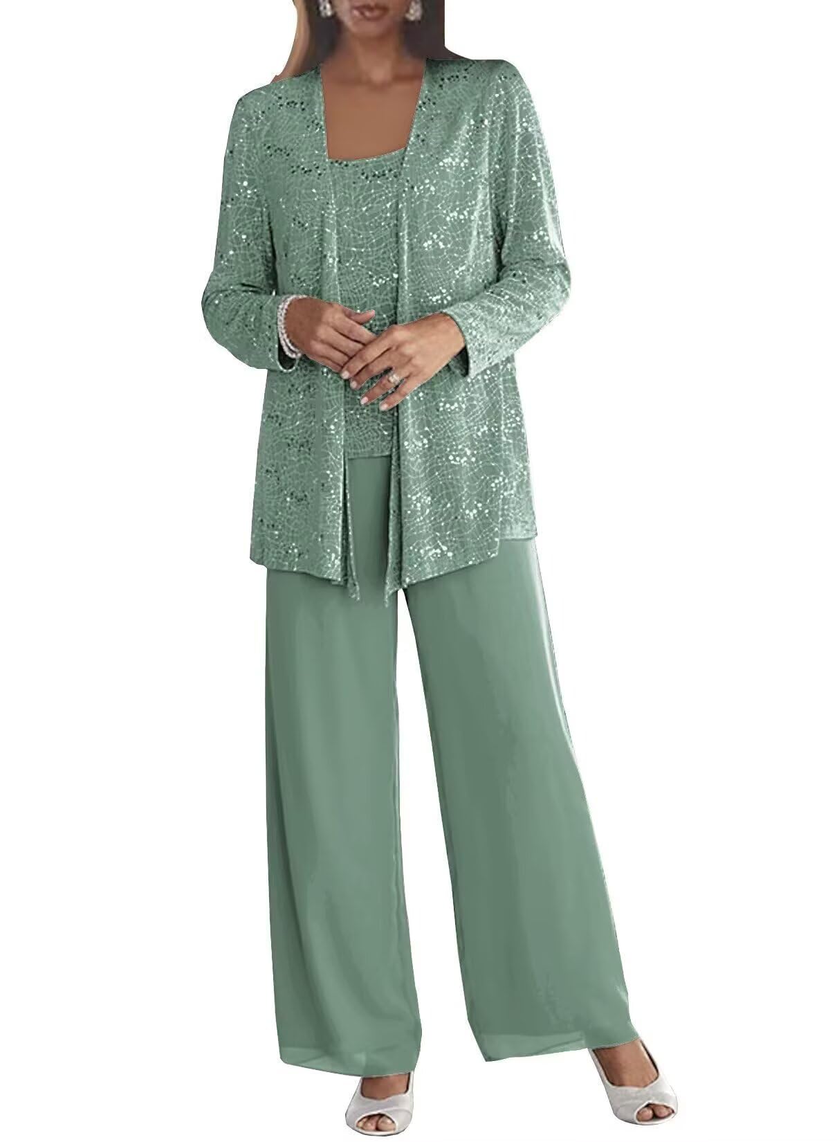 3 Pcs Pant Suit for Women Dressy Wedding Sparkly Sequins Long Sleeve Formal Outfit with Jacket