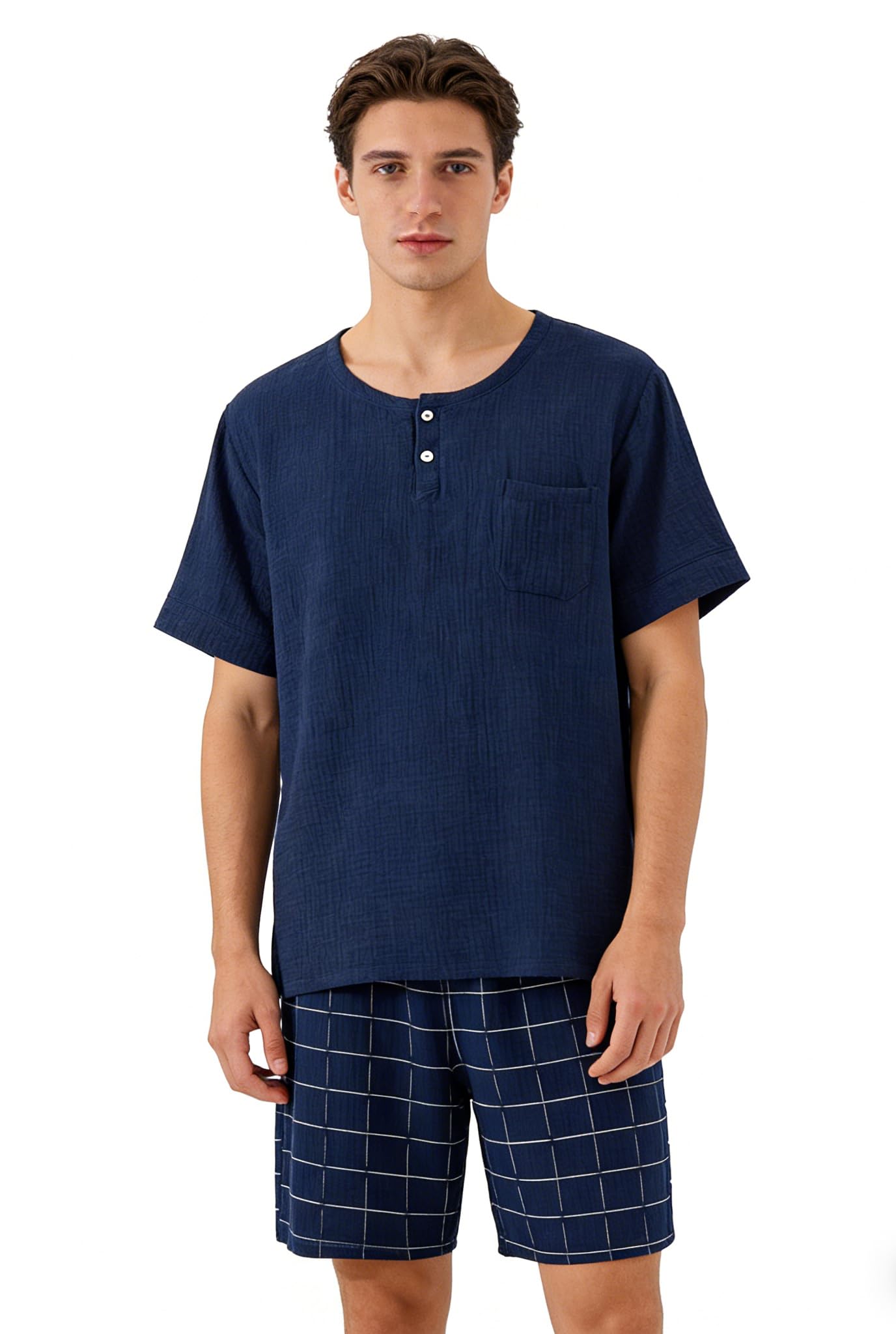 Ensemble Pyjama pour Hommes – Pyjama à Manches Courtes à 3 Boutons et Short de détente, vêtements de Nuit 2 pièces en crêpe et Gaze de Coton