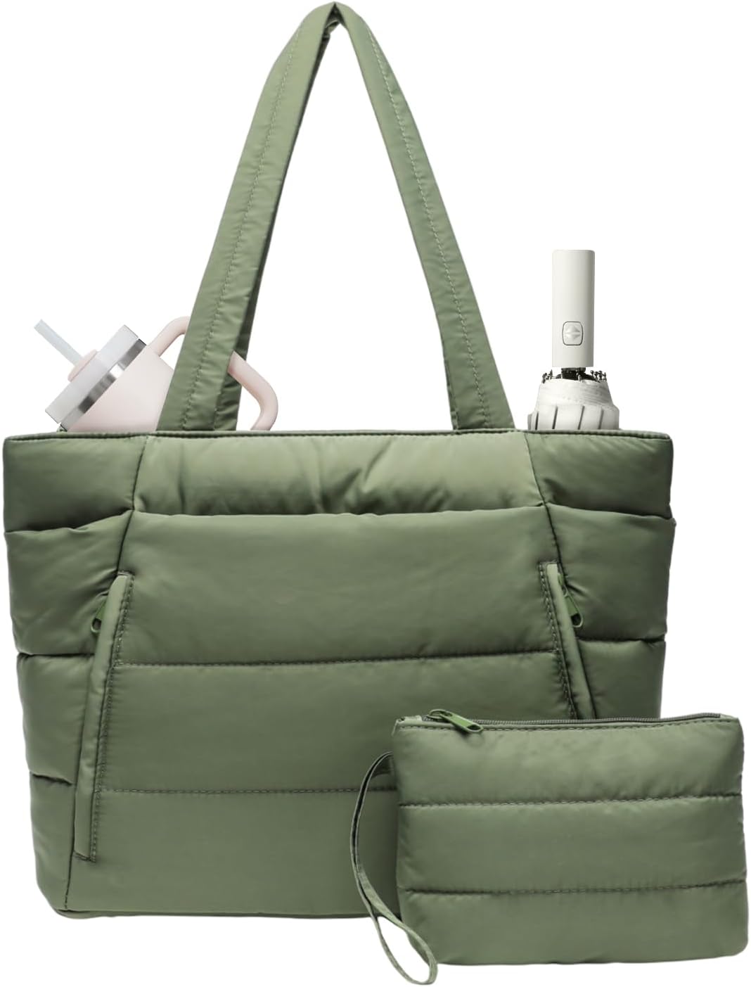 Puffer Tote Bag for Women, Nurse, Large Quilted Shoulder Bag with Cup Holder & Laptop Compartment for Work, Travel, Gym