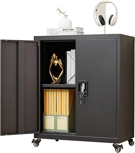 LUCYPAL Gabinete de almacenamiento de metal con ruedas, gabinete de metal móvil con 1 estante ajustable, pequeño armario de almacenamiento con