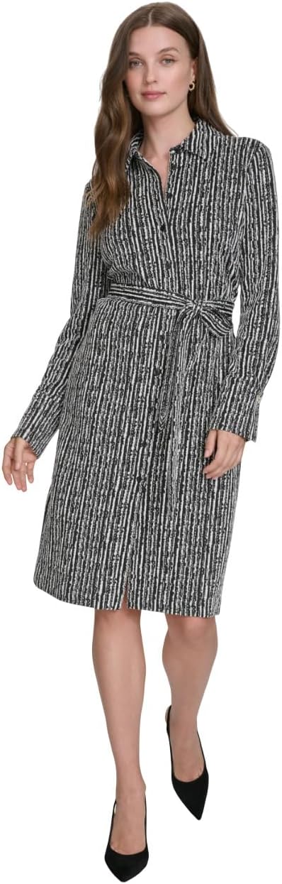 H Halston Womens Long Sleeve Collared V-Neck Button Front Belted Shirt Dress