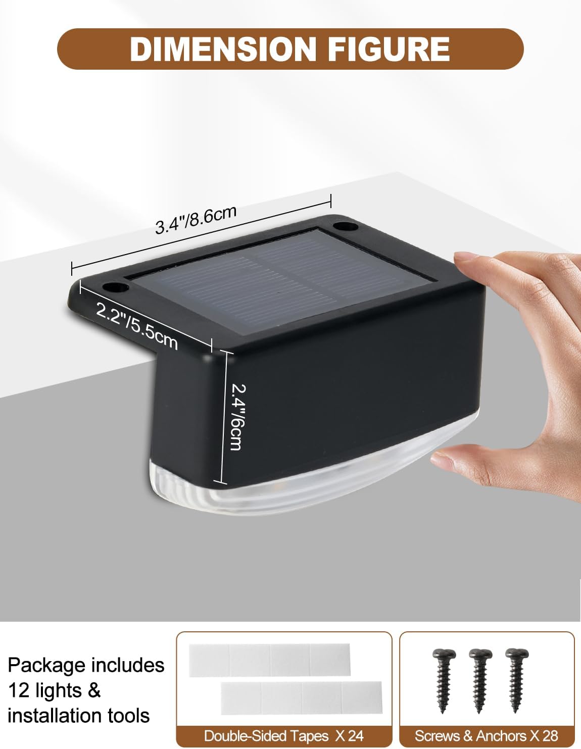 Solar Fence Lights Outdoor, 12 Pack Waterproof Solar Powered Deck Lights, 3000K Warm White, Dusk to Dawn Auto On/Off Step Light, Outdoor Lighting for Backyard, Patio, Stair Railing, Wall, Porch, Pool