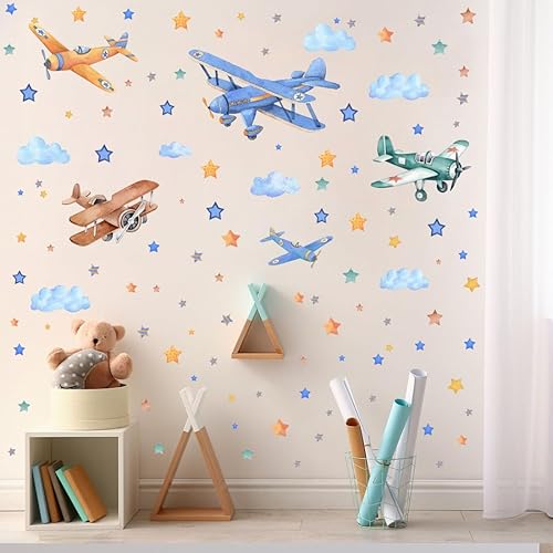 Miniatura 9 de Calcomanías de pared de globo aerostático en acuarela, estrellas y nubes, calcomanías de vinilo para pared, despegar y pegar, ilustraciones