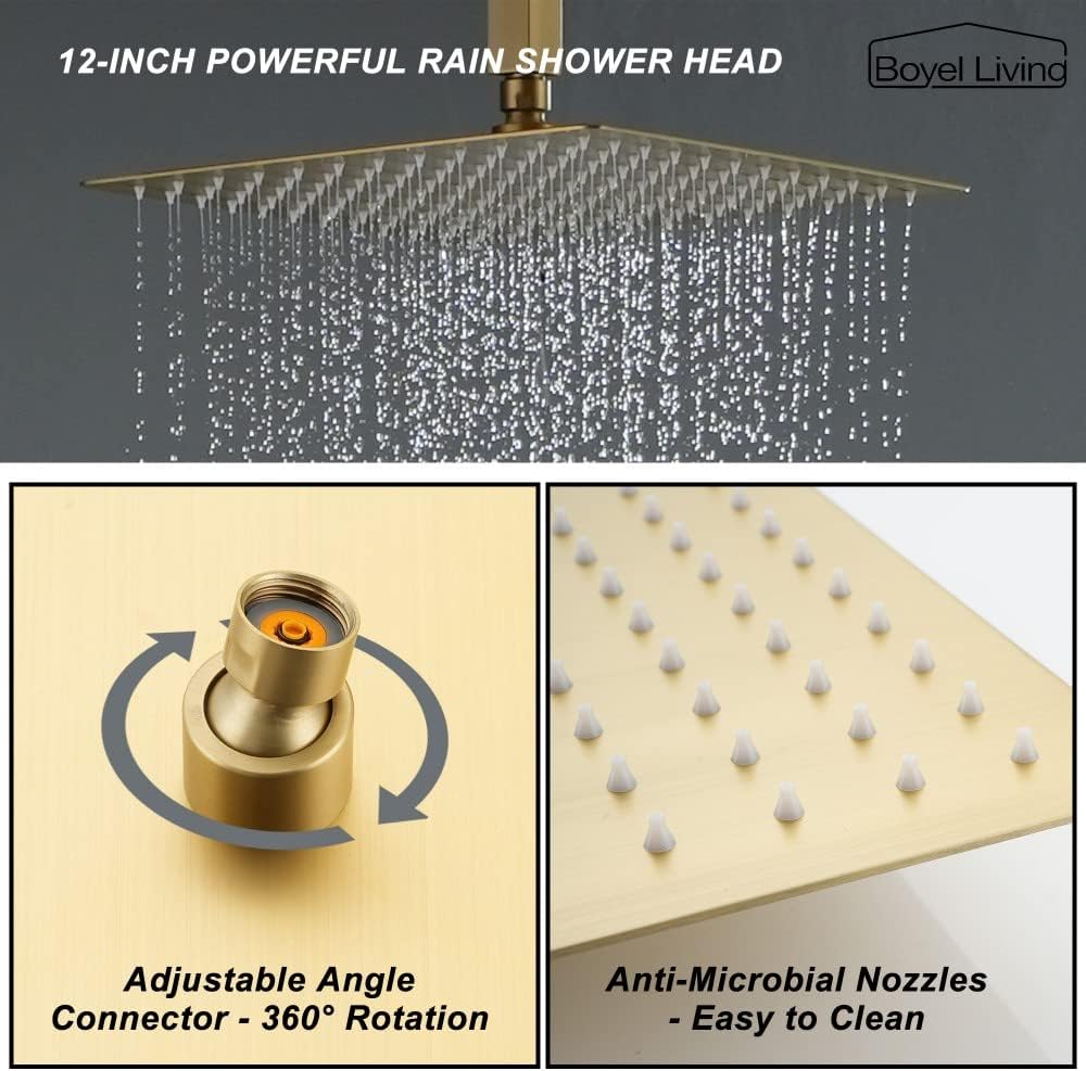 Boyel Living 12 Inch 1-Spray Patterns Brushed Gold Shower System with High Pressure Rain Ceiling Mount Dual Shower Head,Brushed Gold Rainfall Shower System