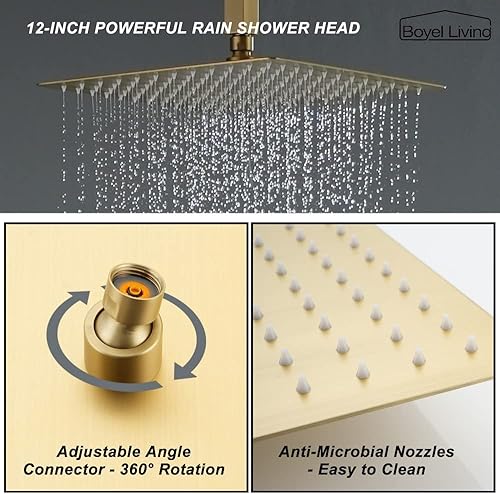 Miniatura 3 de Boyel Living Juego de sistema de ducha de alta presión de 10 pulgadas, sistema de cabezal de ducha de lluvia en cabezal de ducha dorado cepillado,