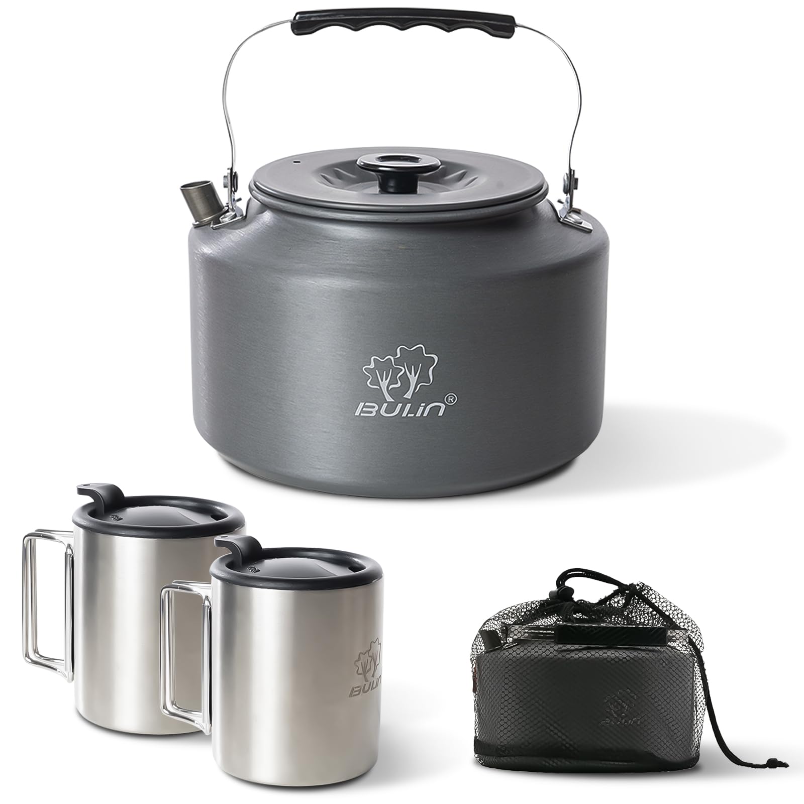 Bulin Tetera de Camping de 2,2 L con 2 Vasos, Hervidor de Agua, Taza de Acero Inoxidable con Tapa y asa Plegable para Exteriores, Pícnic, Senderismo