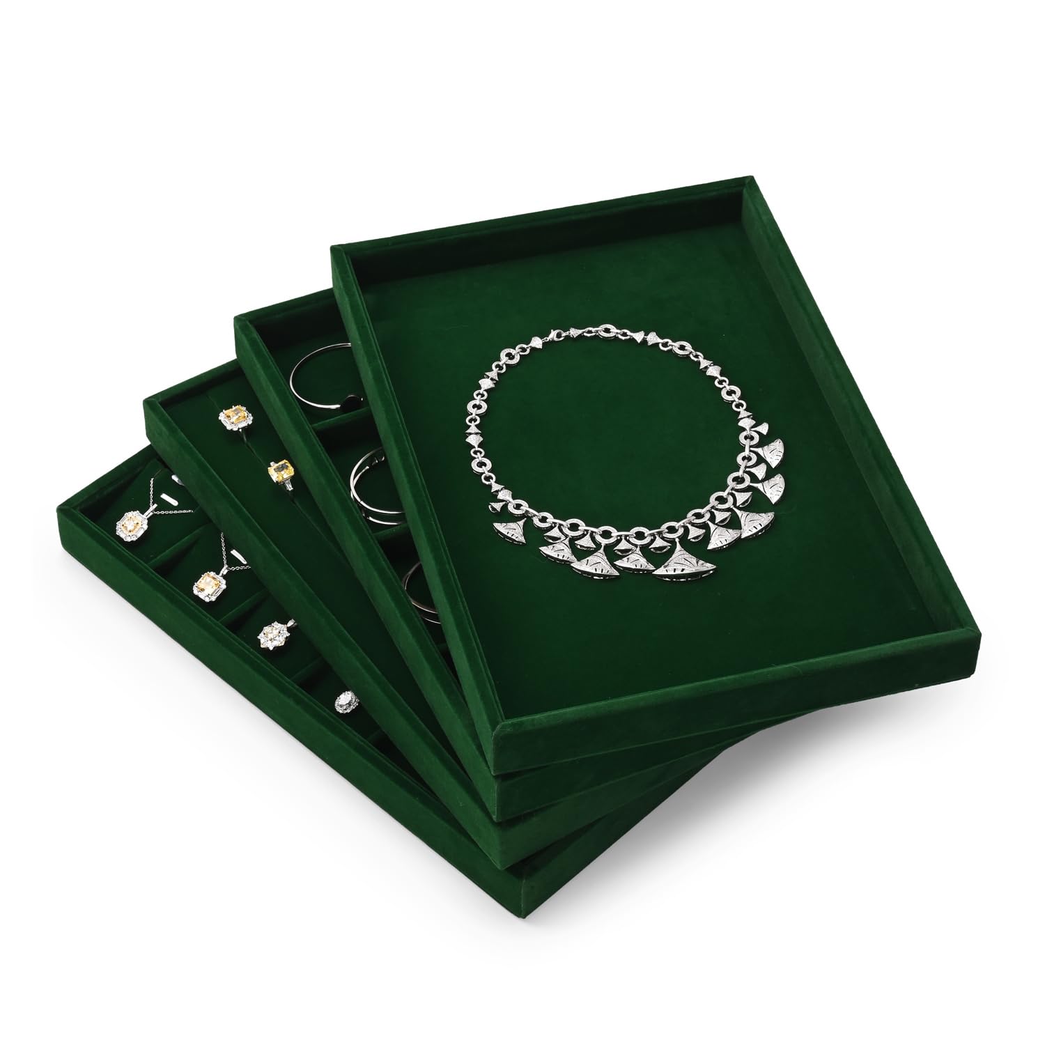 plateau à bijoux empilable en velours, rangement de bijoux tiroir boîte à bijoux organisateur présentoir à bijoux, 35x24x3,5cm (vert foncé)