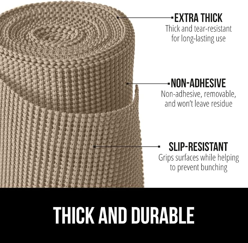 Gorilla Grip Drawer Liner and Silicone Dish Drying Mat, Non Adhesive Drawer Liner is in Beige Color, Size 12 in x 10 FT, Slip Resistant Drying Mat is in Almond Color, Size 16x12, 2 Item Bundle