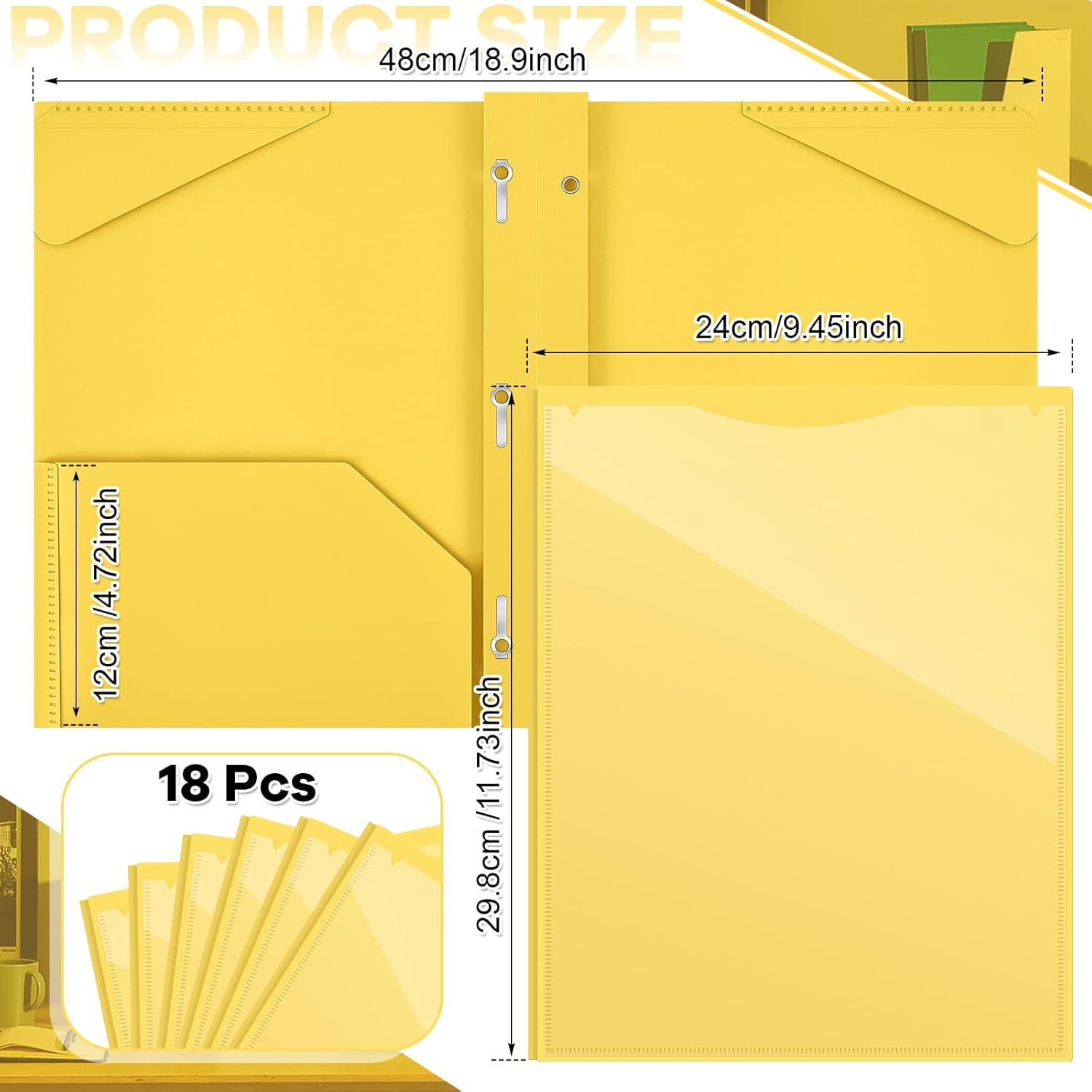 Henoyso 18 Pcs Plastic Folder with Clear Front Pocket and 3 Prong Plastic Folders with Card Slot Pocket Folders with Prongs for School Office (Yellow)