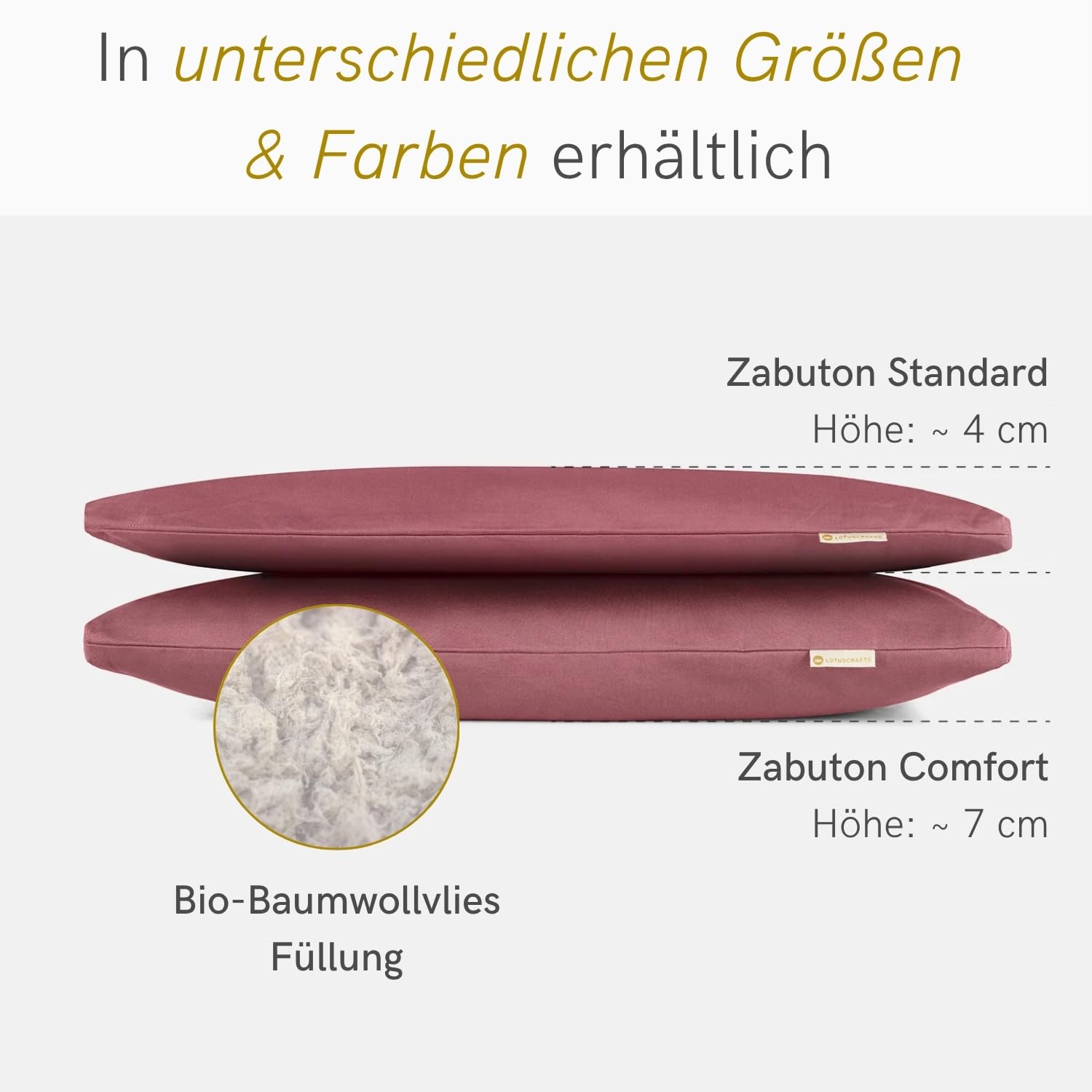 Lotuscrafts Meditationsmatte Zabuton Deluxe - Extra Dick - Meditationskissen Unterlage für entspannte Meditation - Waschbarer Bezug aus 100% Baumwolle - GOTS Zertifiziert