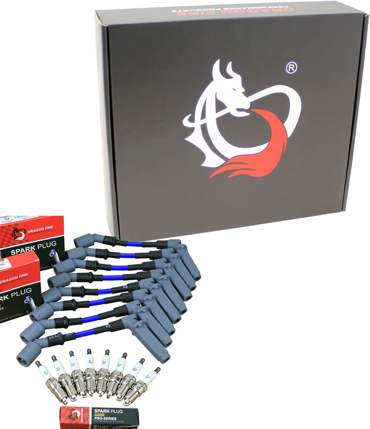 AIP Electronics New Dragon FIRE Performance Power Pack Complete with Iridium Spark Plugs and 8.5" Spark Plug Wires Compatible with 2014-2021 Cadillac Chevy and GMC 5.3L 6.2L 6.6L V8 OEM Fit Kit-1266