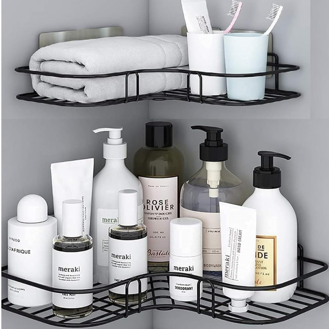 (Pack of 2 Self-Adhesive Shelf/Storage Organizer for Bathroom and Kitchen Corner Wall Mounted Rack Shelf Bathroom Accessories Storage Rack (No Drilling-Shelf Adhesive) (8 and 9 INCH,Black) 2
