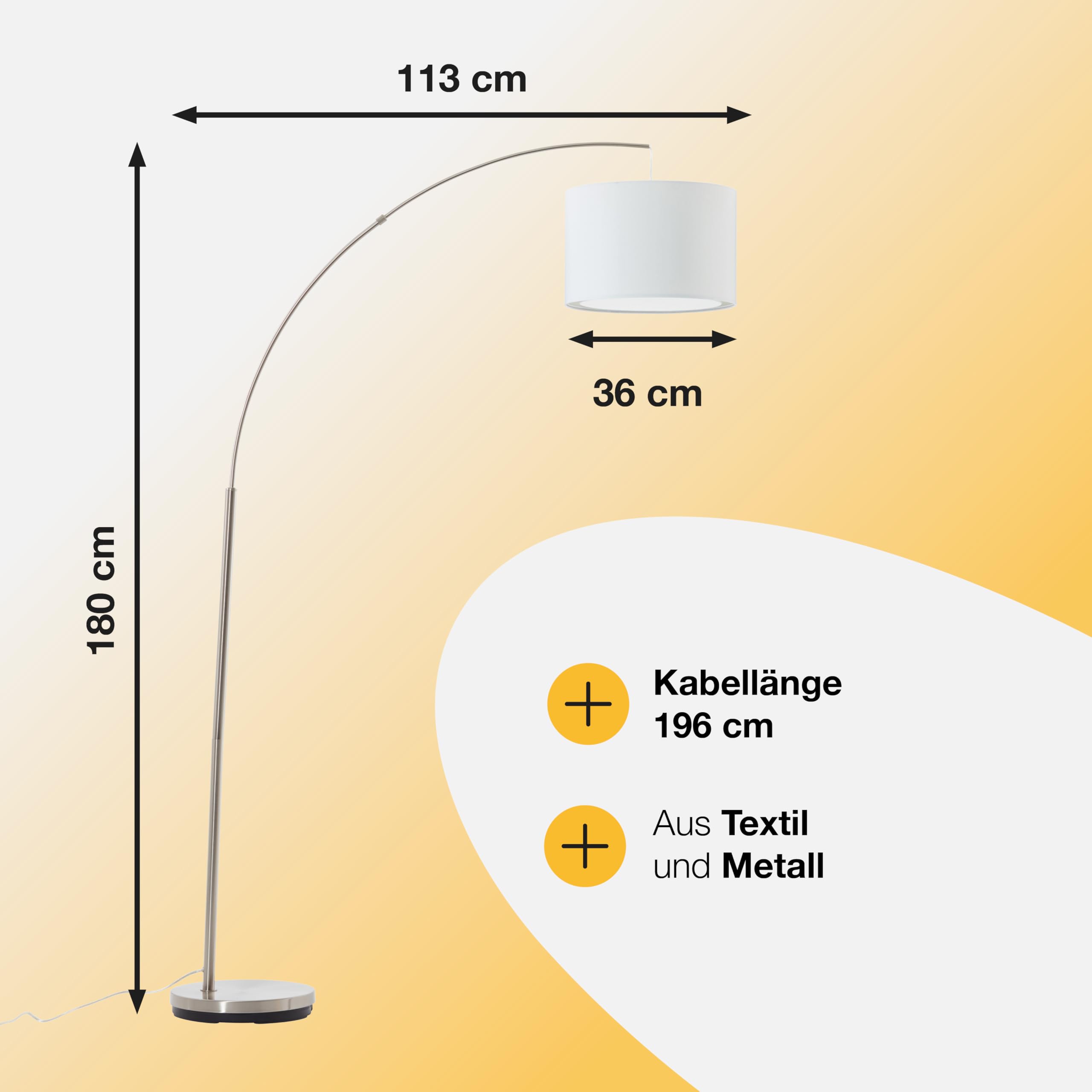 Brilliant Lampe Clarie Bogenstandleuchte 1, 8m eisen/weiß | 1x A60, E27, geeignet für Normallampen (nicht enthalten) | Mit Fußschalter