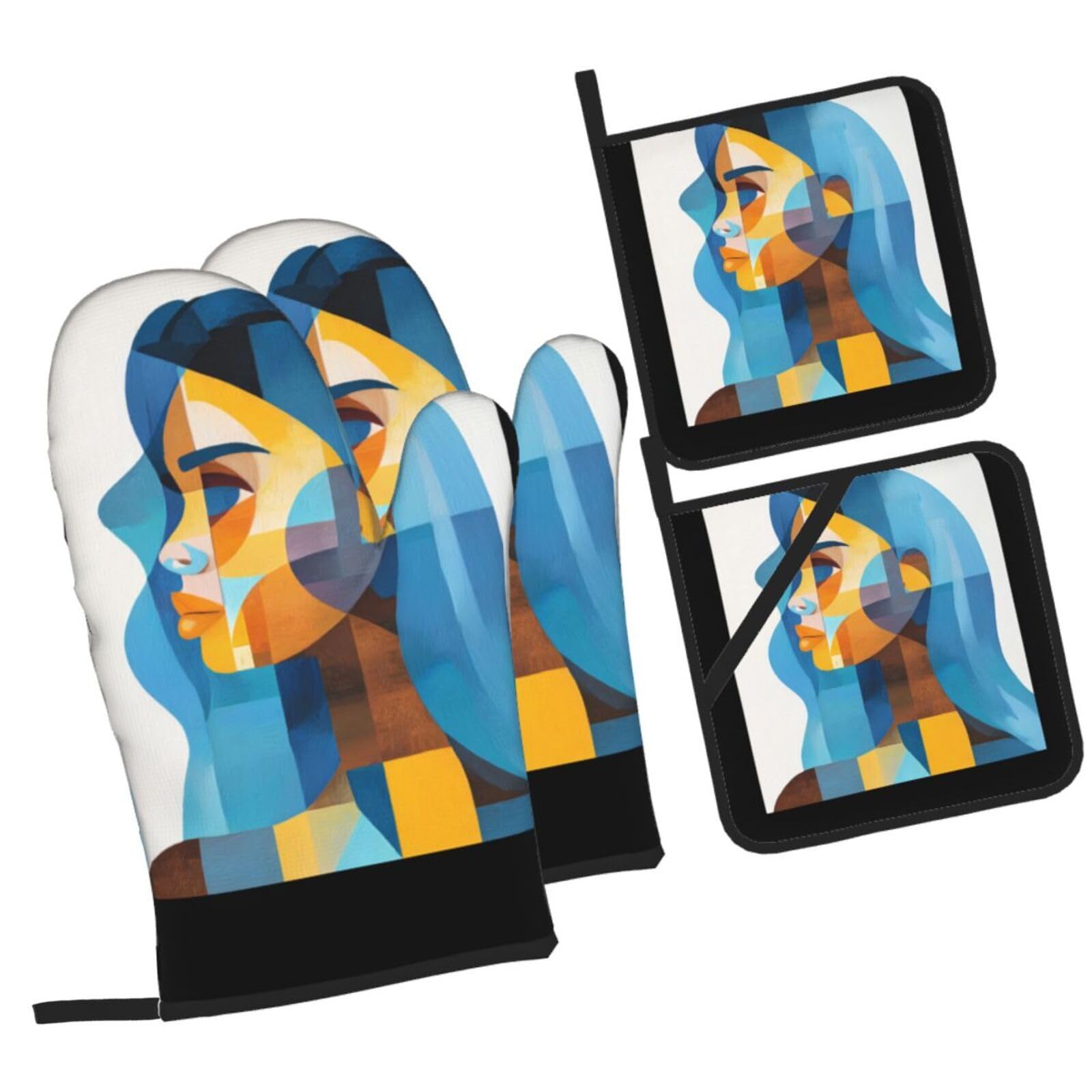 Guantes Horno Profesional Chica Azul Naranja Manoplas Horno Almohadillas Aislantes Juego De 4 - Acolchado Resistente al Calor, Flexible,Cocina multipropósito